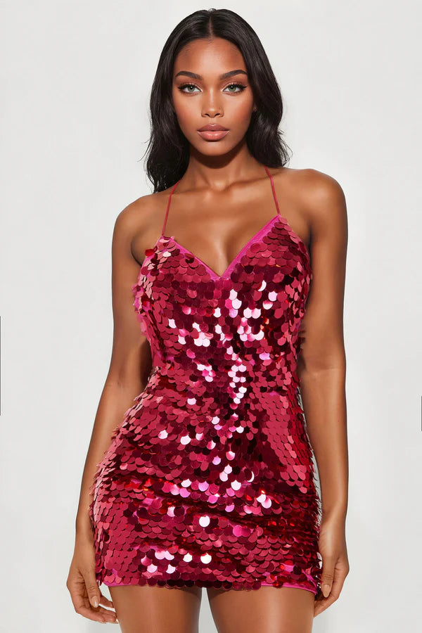 hot pink sparkly mini dress Superdown Jessie Sequin Length from bust to hem of size S In The Spotlight Sequin Mini