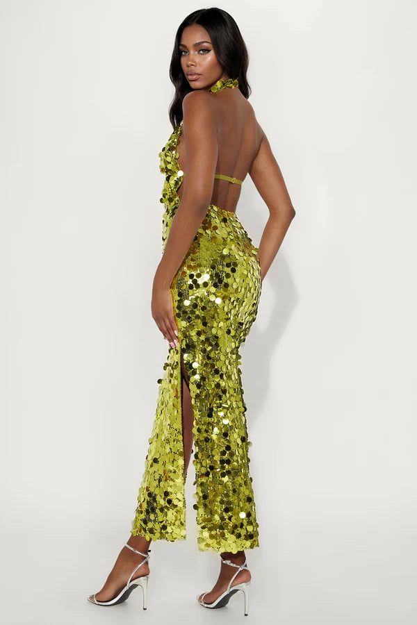 Sophia Sequin Halter Gown - Chartreuse
