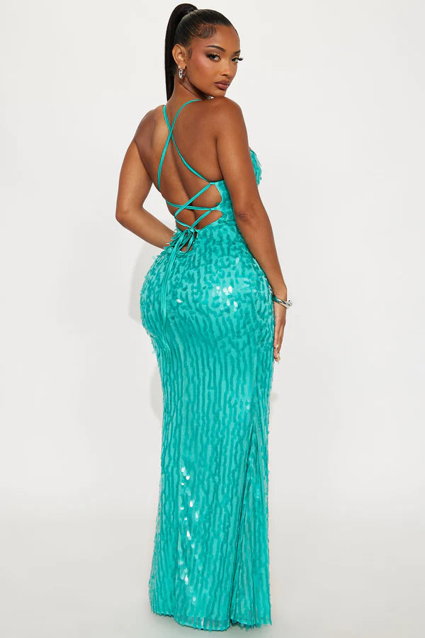 Aria Sequin Strappy Back Gown - Turquoise