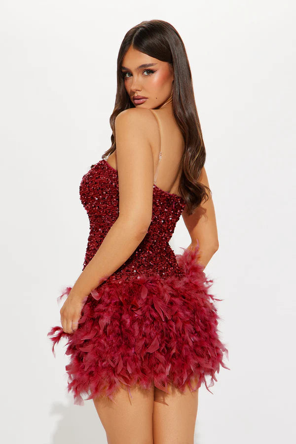 Zoey Feathered Sequin Mini Dress - Wine