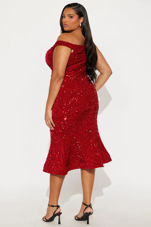 Alora Sequin Midi Dress - Red