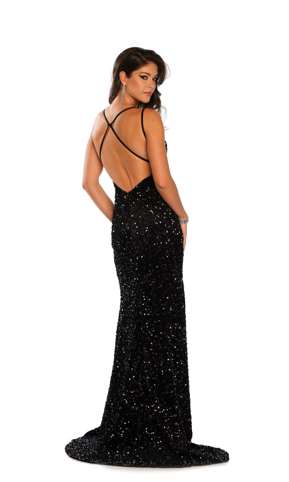 Dave and Johnny Long Black Sequin Prom Dress 11171