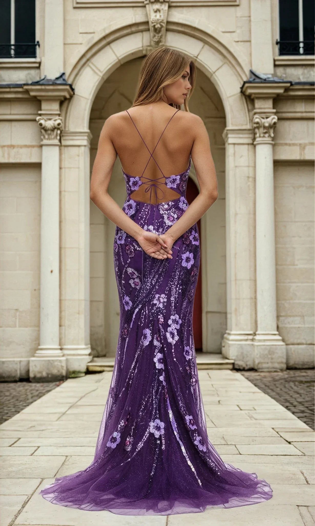 Floral Sequin-Print Long Purple Prom Dress L569