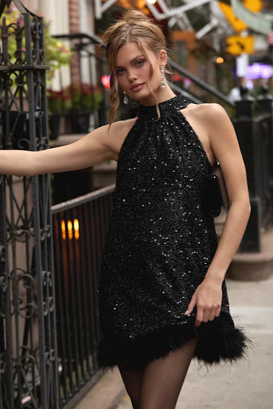Magnetic Darling Shiny Black Sequin Feather Shift Mini Dress