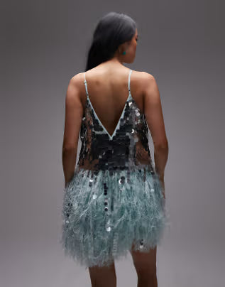 paillette sequin mini dress with faux feather hem in blue