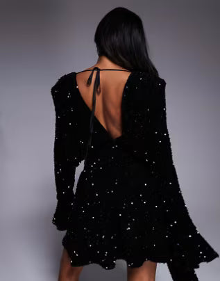 sequin velvet drape front mini dress with exaggerated shoulders in black