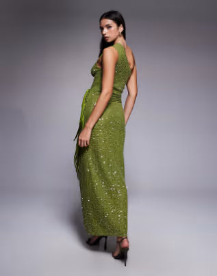 sequin knit twist one shoulder midi dress with drape fringe panels in green