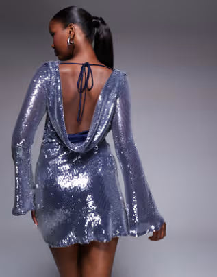 Rare London sequin open cowl back detail mini shift dress in navy