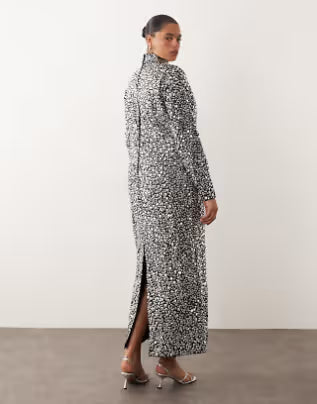 textural sequins high neck long sleeve maxi dress in black