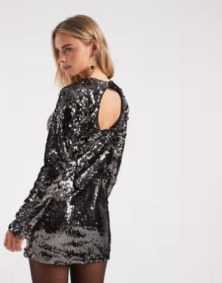 ONLY Petite open back long sleeve sequin mini dress in gunmetal