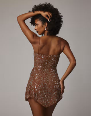 Oh Polly hanky hem hot fix embellished mini dress in caramel