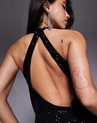 all over sequin cowl mini dress in black