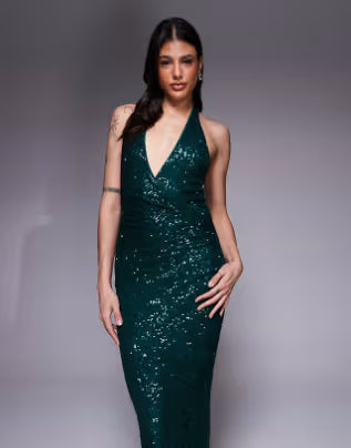 Tall all over sequin plunge maxi dress in emerald green