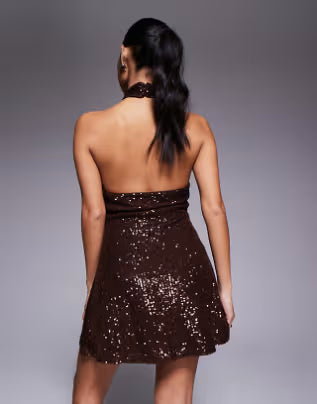 Petite all over sequin mini dress in chocolate