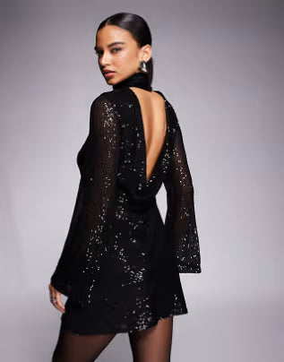 Jaded Rose high neck cowl back sequin mini dress in black