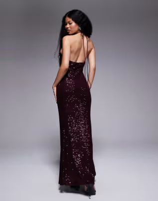 Petite all over sequin halter maxi dress in burgundy