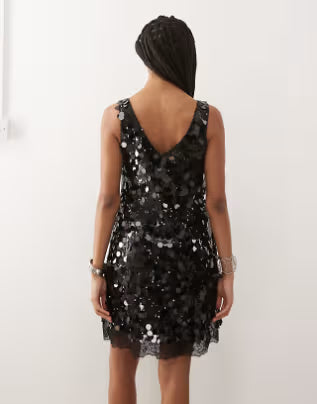 paillette sequined sleeveless mini dress with lace hem in black