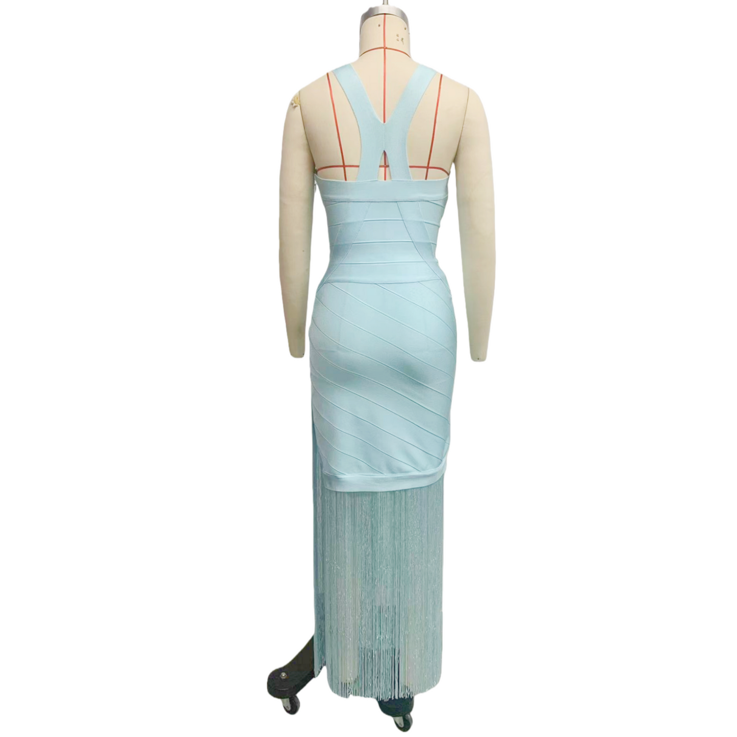 Mint Blue Spaghetti Strap V-Neck Tassel Bandage Dress
