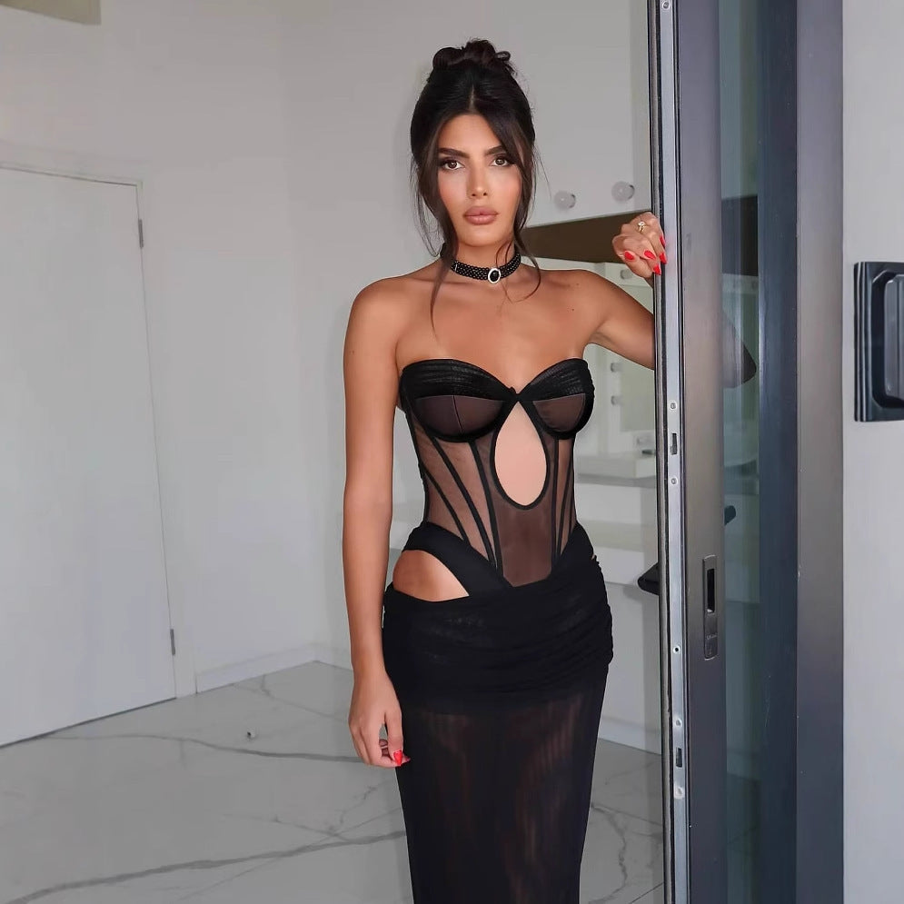 Women's Black Strapless Cutout Evening Gown, Elegant Sexy Bodycon Party Dress