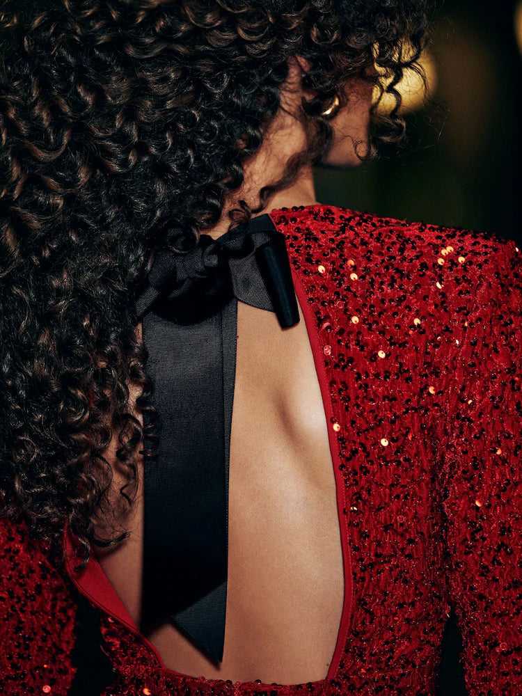 Ruby Red Long Sleeve Sequin Bow Back Midi Dress