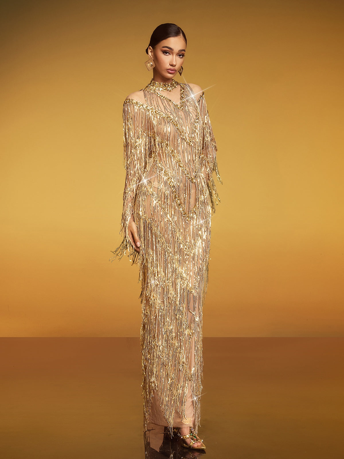 Emanon Fringe Sequin Maxi Dress