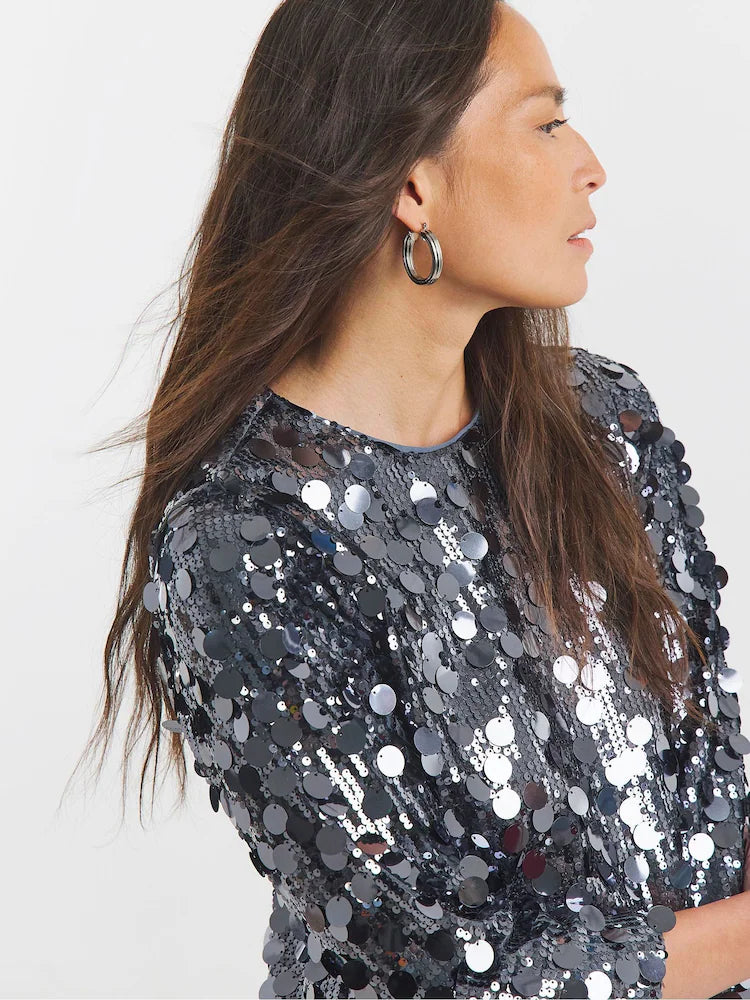 Silver Disc Sequin Mini Shift Dress