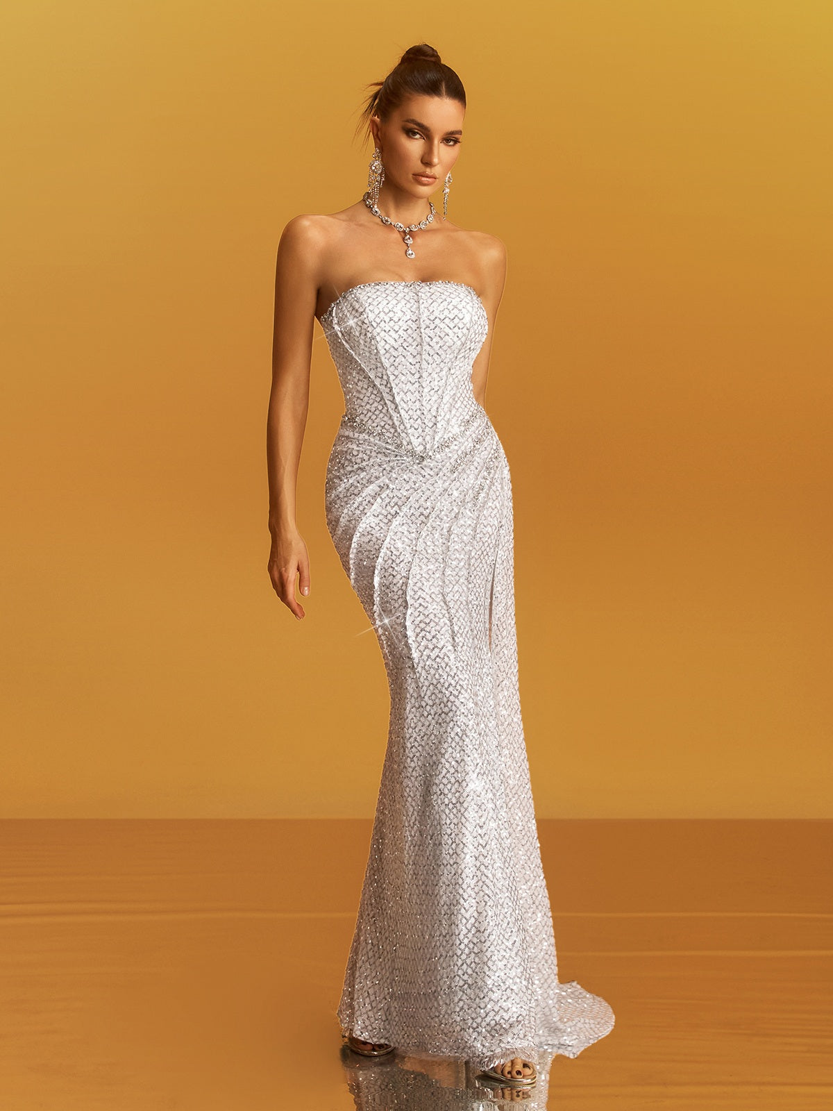 Glein Strapless Ruched Sequin Maxi Dress In White