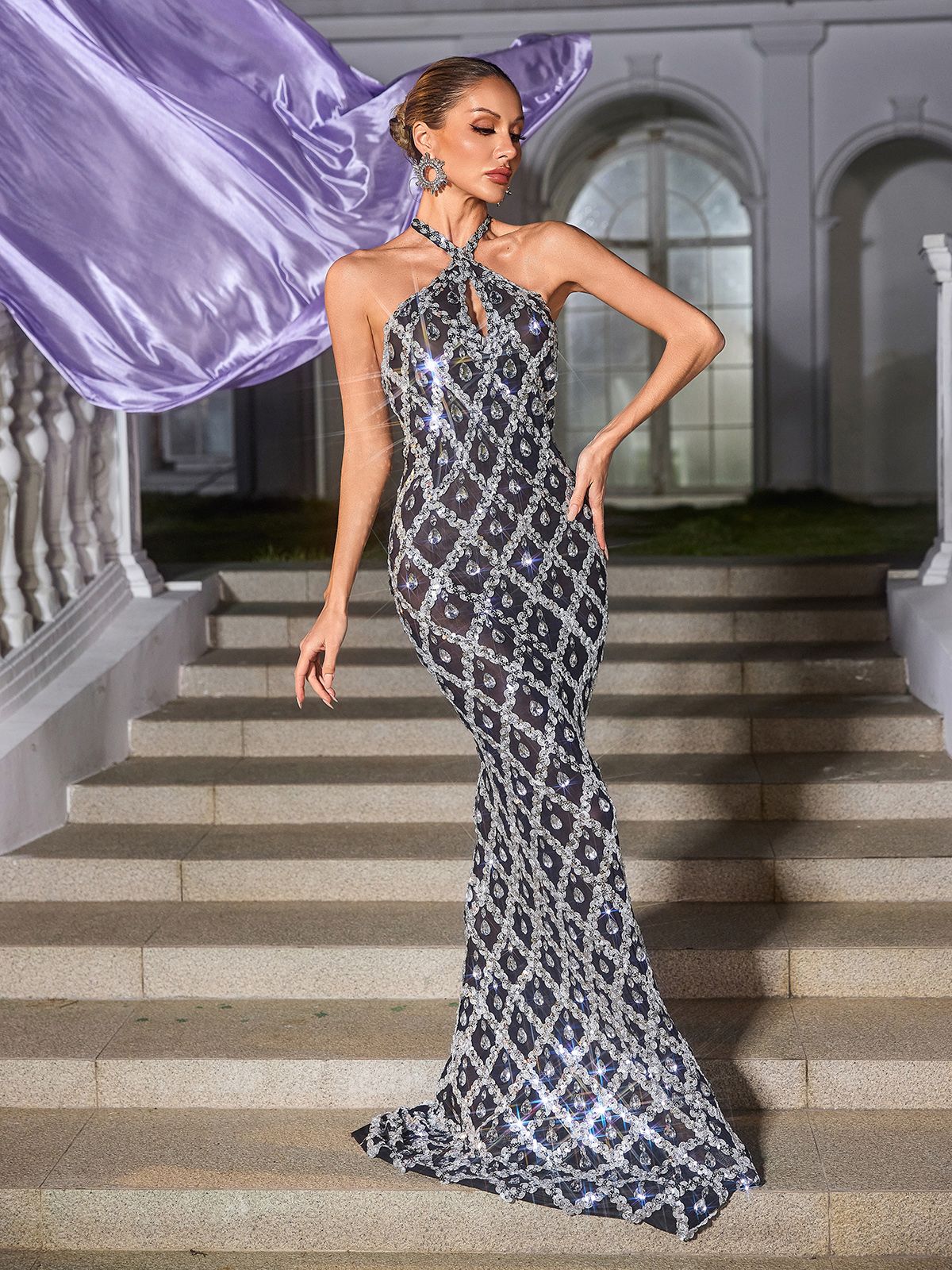 Liora Backless Sequin Crystal Maxi Dress In Black