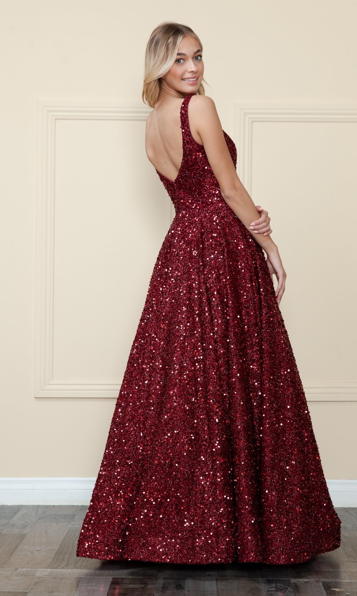 Velvet-Sequin Long A-Line Prom Gown: Poly USA 9106