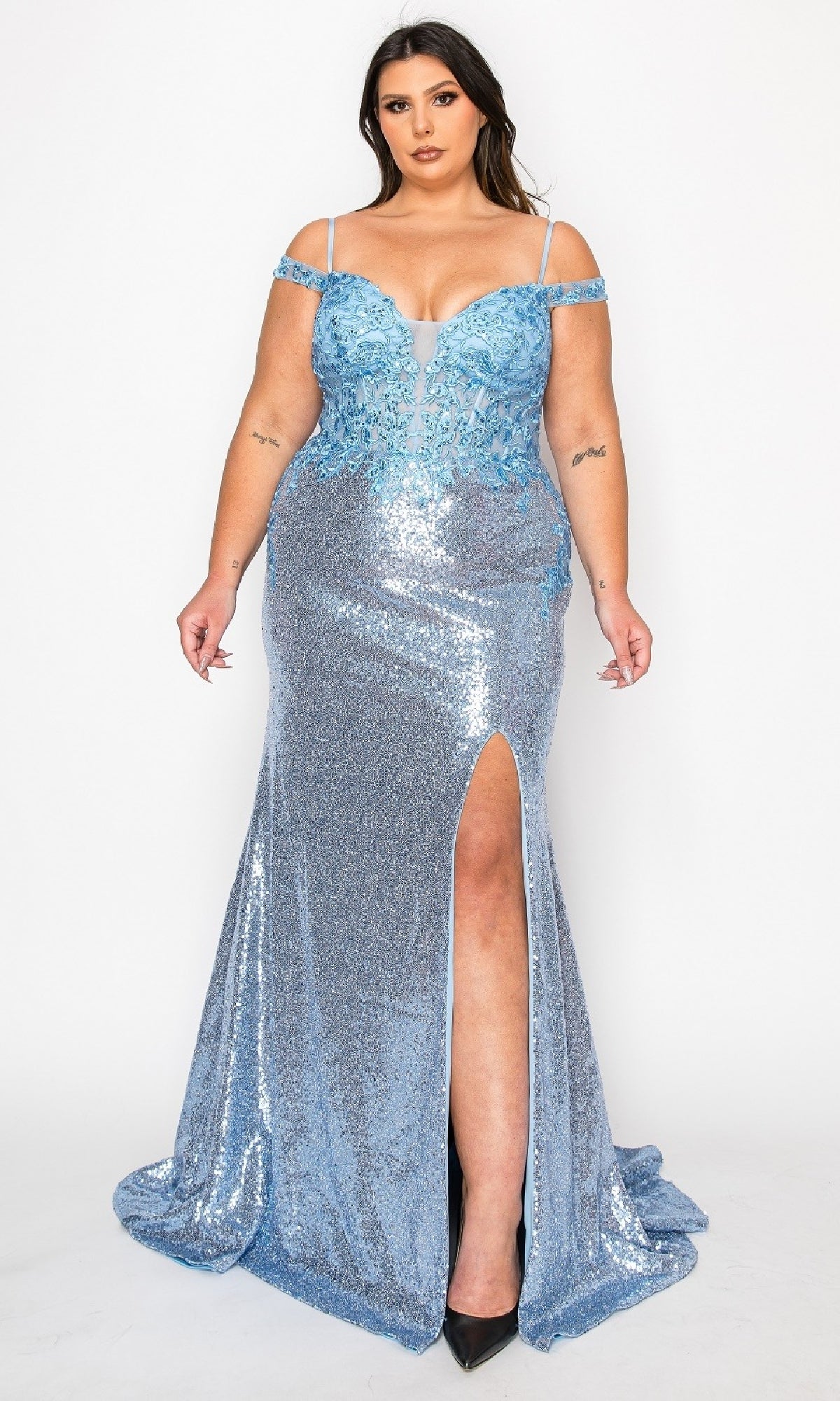 Plus-Size Sequin Prom Dress with Slit: PolyUSA W1186