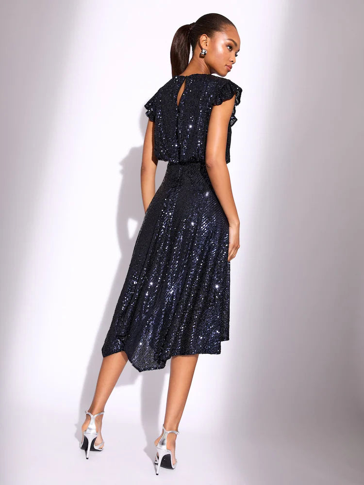 Navy Sequin High Low Fit And Flare Midi Dress