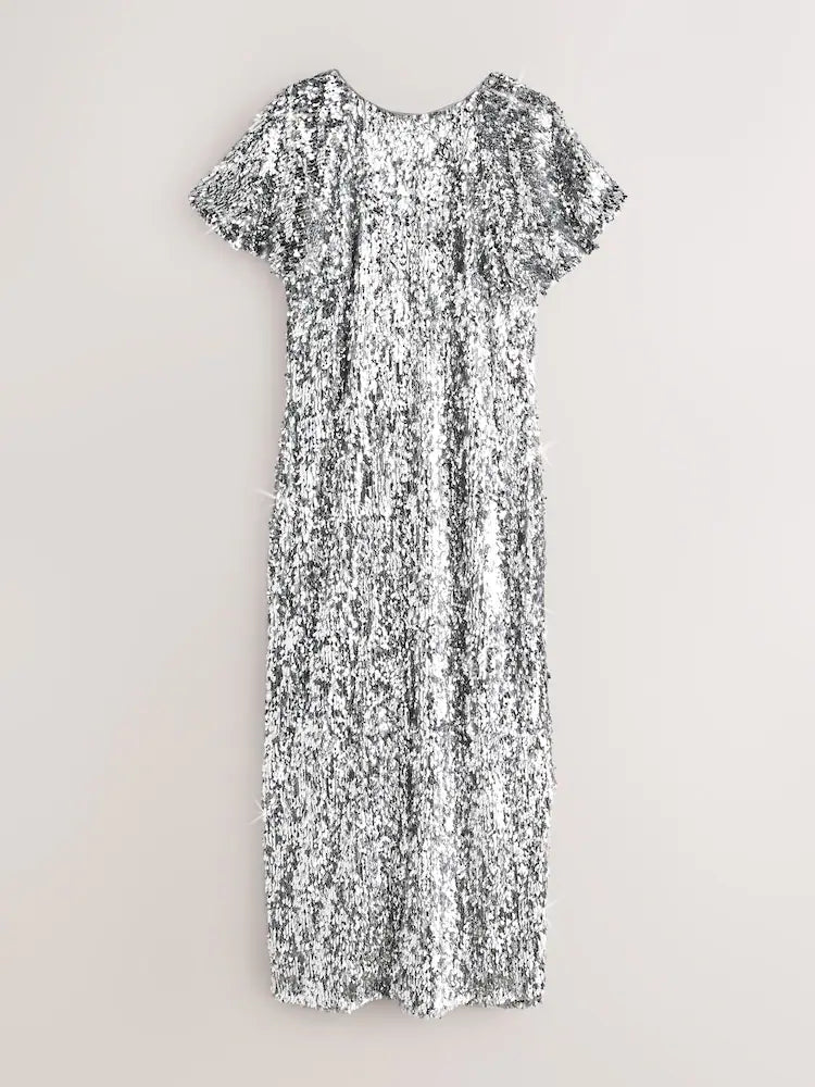 Silver Sequin Lace Trim Flutter Sleeve Midi Dress