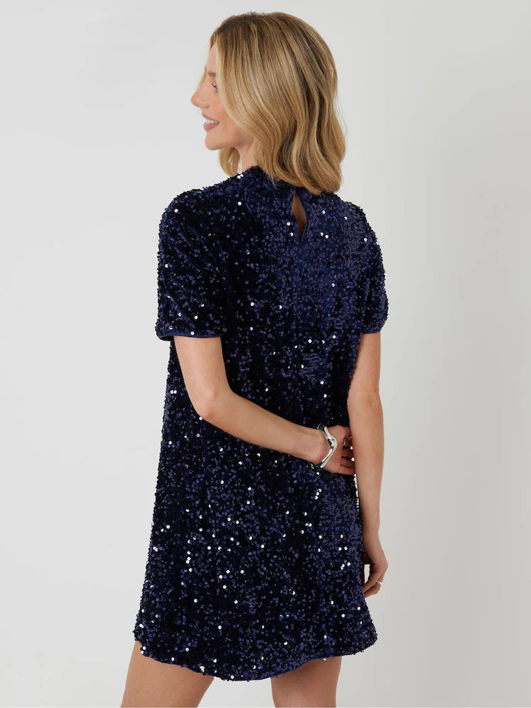 Threadbare Blue High Neck Sequin Velour Mini Dress
