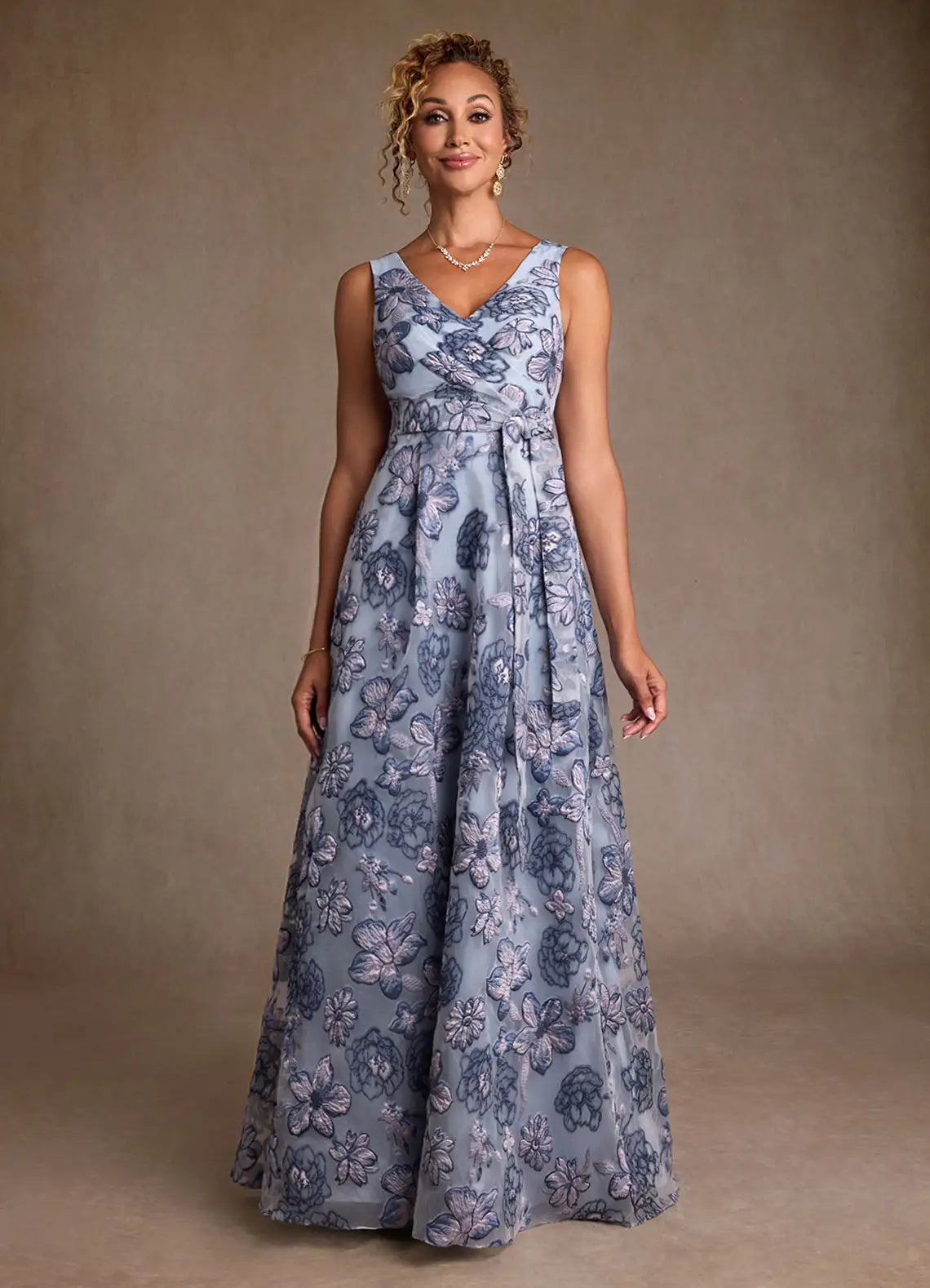 Dusty Blue Jacquard A-Line Pleated Floral Jacquard Dress