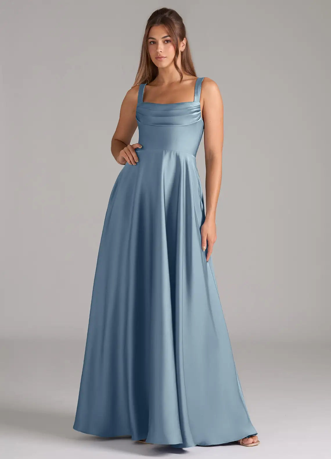 Dusty Blue A-Line Pleated Stretch Satin Dress – Shiningirl