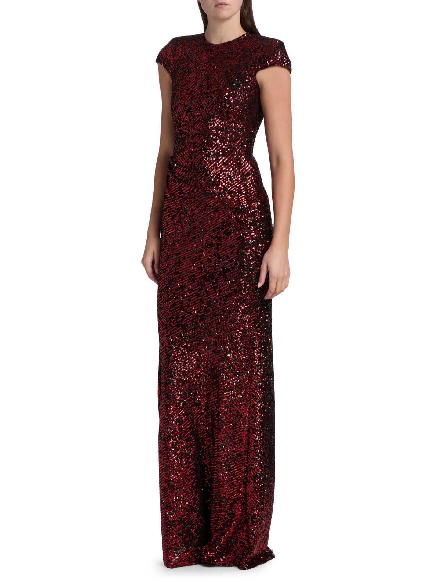 Sequined Draped Cap-Sleeve Gown