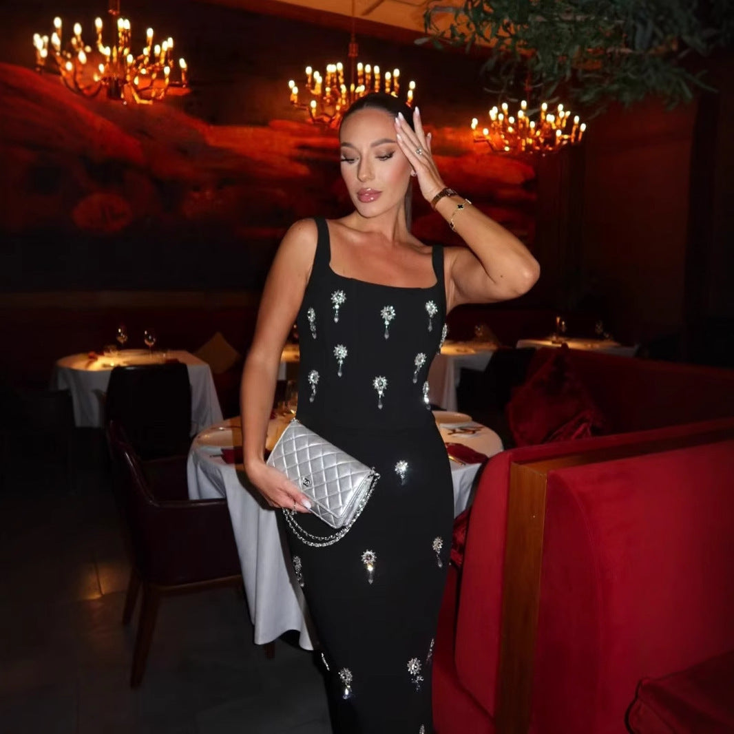 Rhinestone Floral Spaghetti Strap Long Bandage Dress