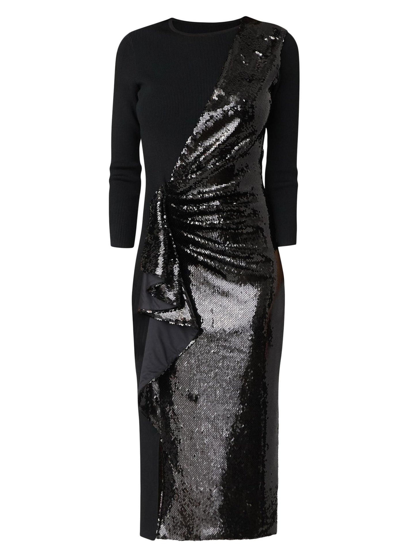 Dela Sequin Ruffle Three-Quarter Sleeve Midi-Dress