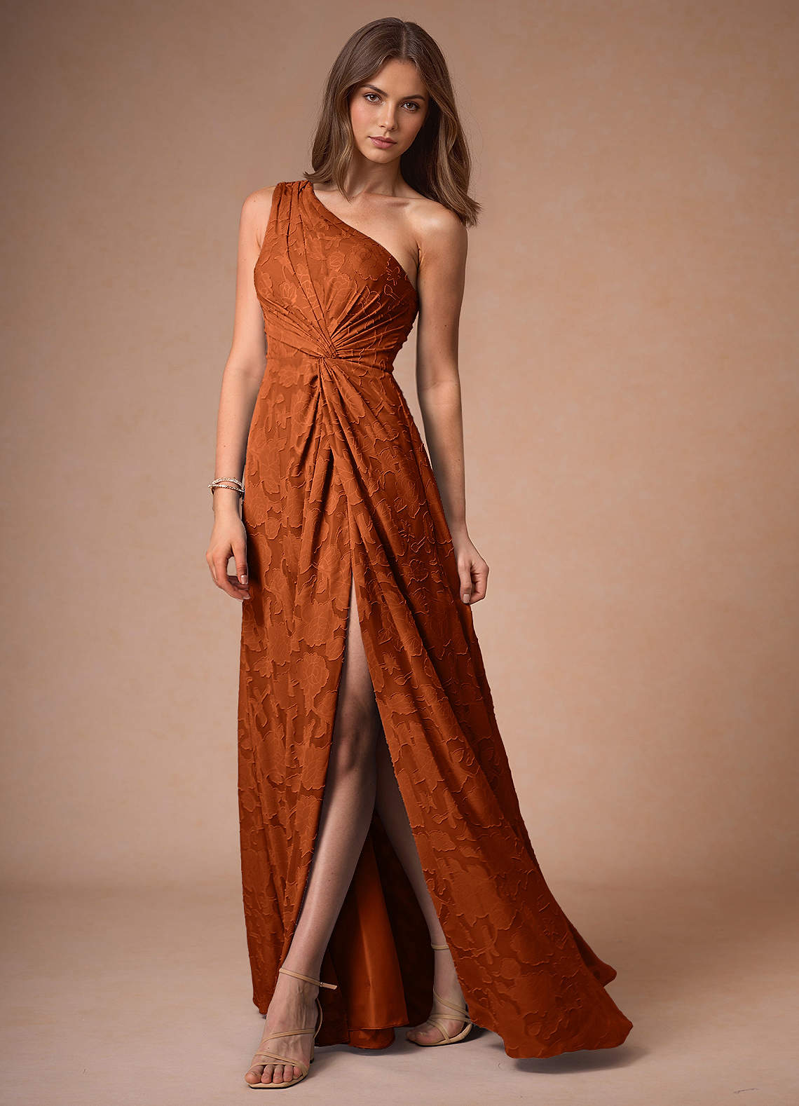 one shoulder rust dress Ladies - Rust Brown Draped-Panel One-Shoulder Dress - Size: XS