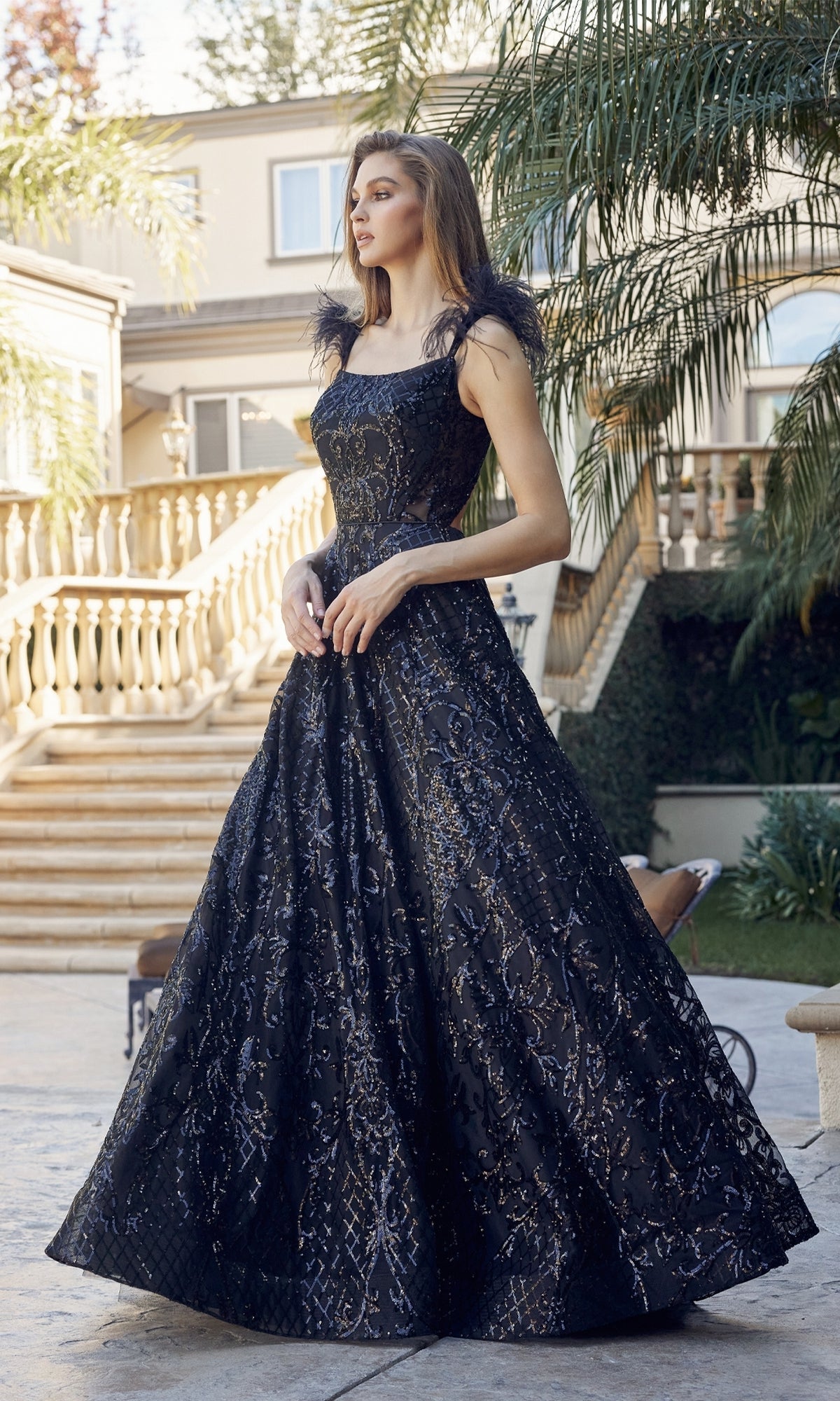 Feathered-Cap-Sleeve Long Sequin Prom Ball Gown 297