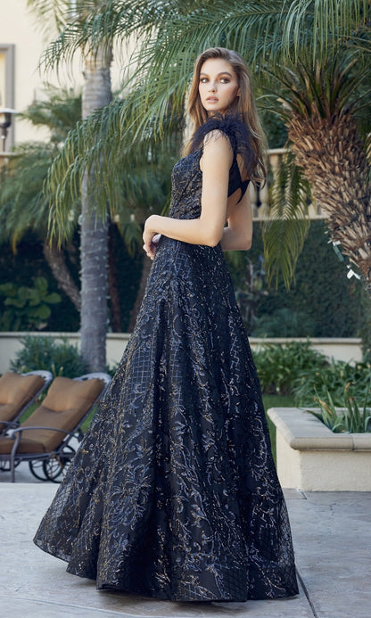 Feathered-Cap-Sleeve Long Sequin Prom Ball Gown 297