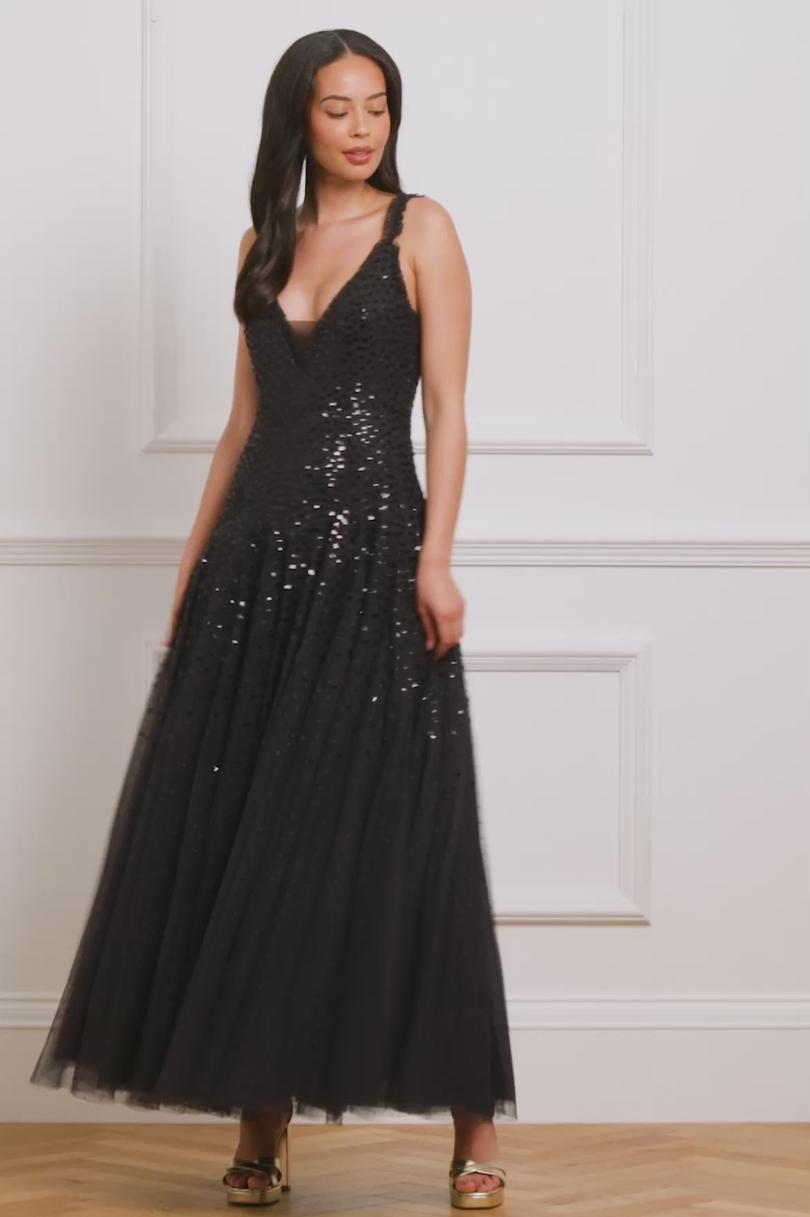 Sequin Cascade Cami Plunge Gown