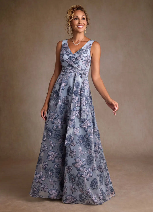 Dusty Blue Jacquard A-Line Pleated Floral Jacquard Dress