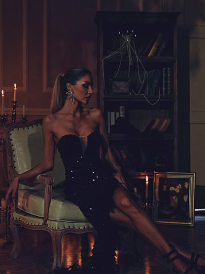 Lois Strapless Sequin Feather Trimmed Maxi Dress In Black