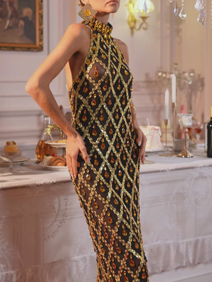 Liora Sequin Crystal Maxi Dress In Gold
