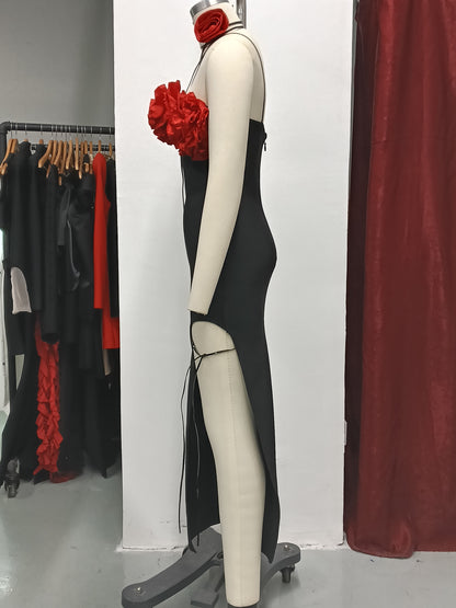 Halter Floral Lace-Up Bandage Maxi Dress