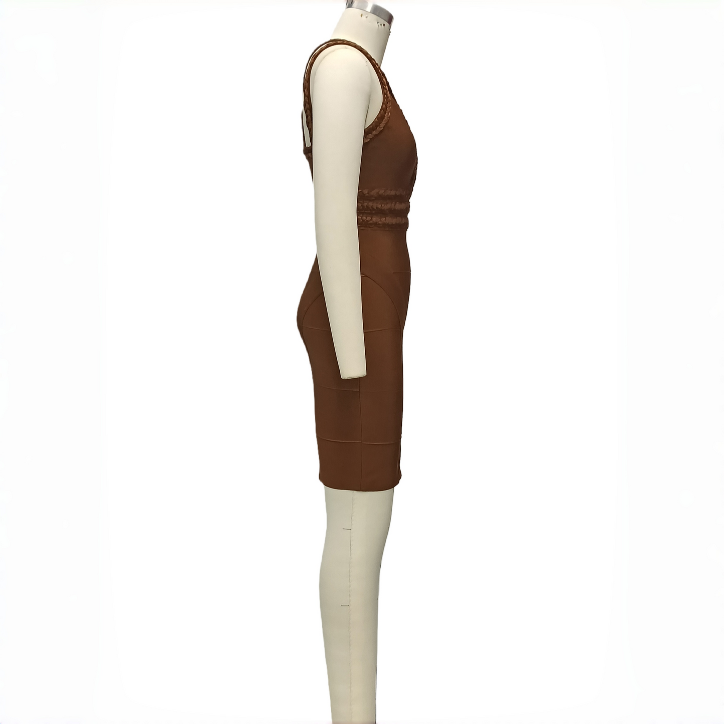 Brown Lustrous Woven V-Neck Bandage Dress, Luxury Slim Fit Bodycon Skirt