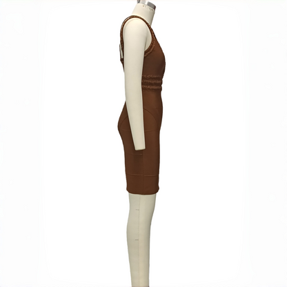 Brown Lustrous Woven V-Neck Bandage Dress, Luxury Slim Fit Bodycon Skirt