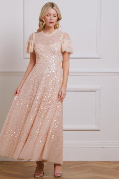 Scatter Dot Round Neck Short Sleeve Ankle Gown