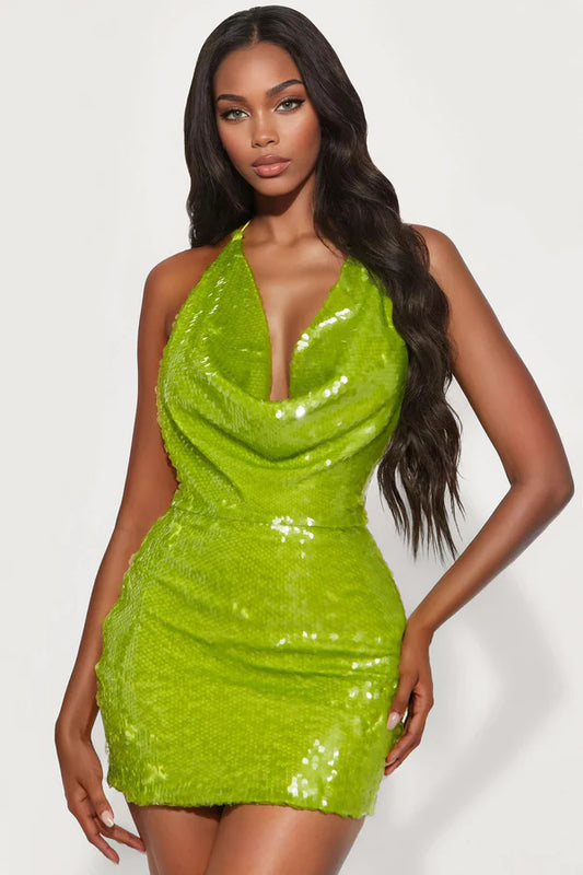 Lorelei Sequin Cowl Neck Mini Dress - Chartreuse